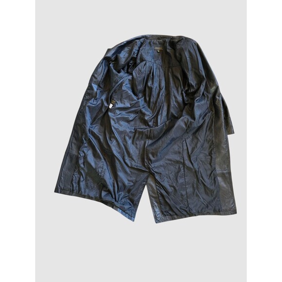 VTG Express Black Leather Trench Coat Shoulder Pads Petite SZ 12? MISSING BUTTON - Picture 8 of 12